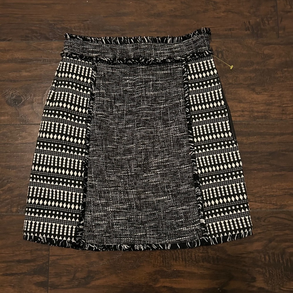 Tweed Mini Skirt Black White Geometric Fringe‎ Hem Party Cocktail Size Unknown